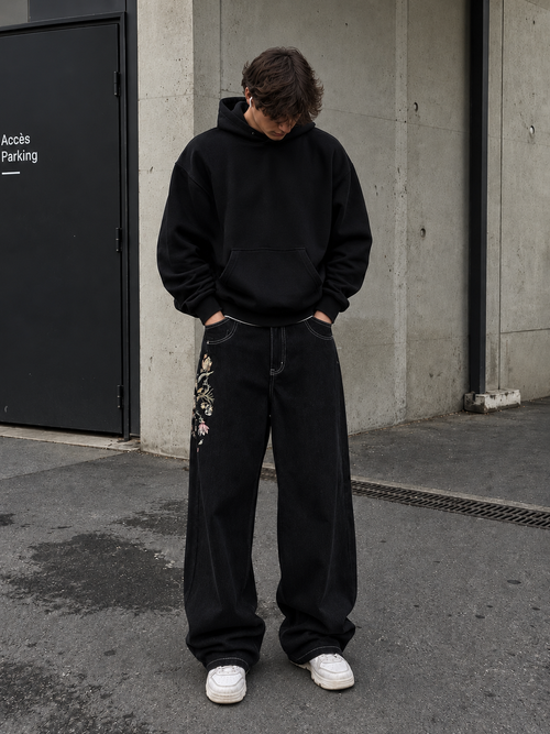 Jean Baggy Noir — Broderie Florale Taille L