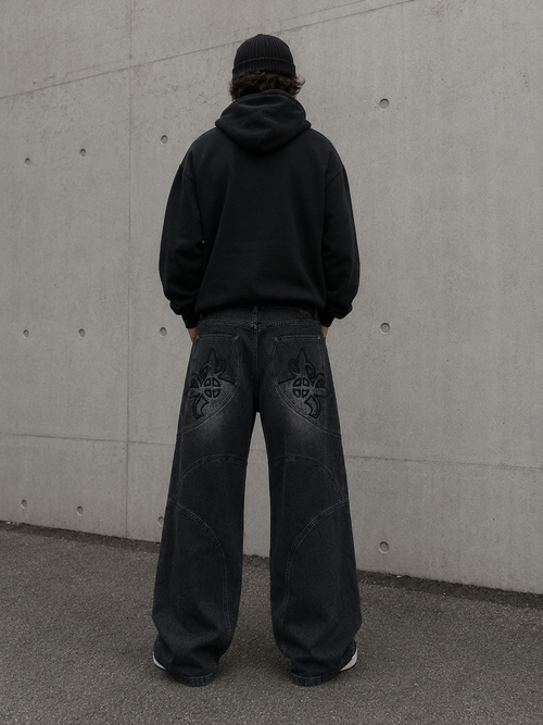 Jean Baggy Gris Délavé — Motif Tribal Taille L